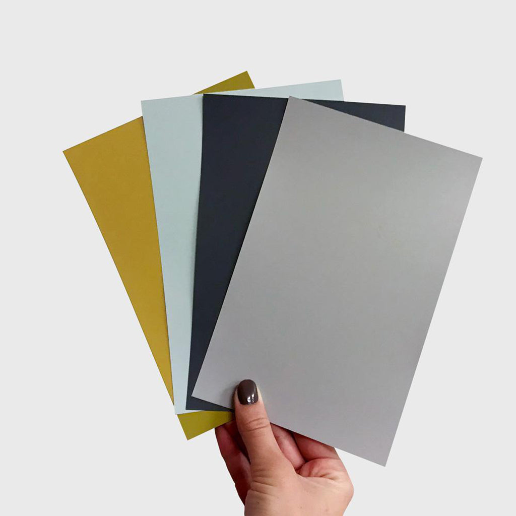 womans hand holding up 4 large paint swatches of different trending colors