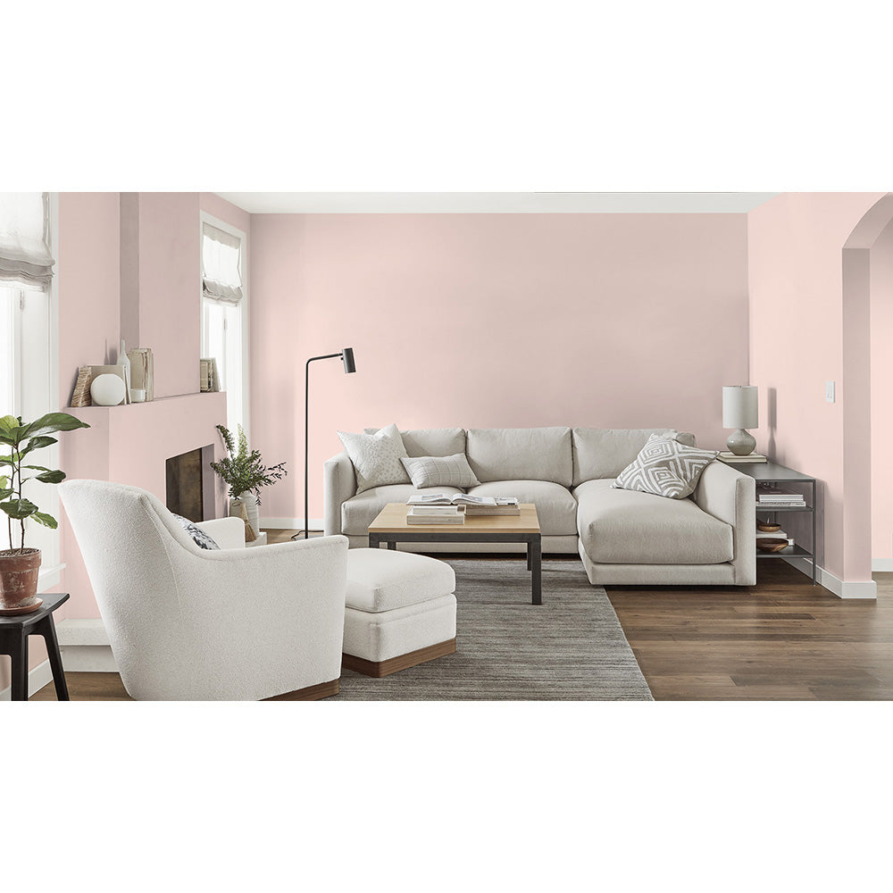 A living room painted with 0068 Summer Blush, Room &amp; Board Paint by Hirshfield&#39;s.
